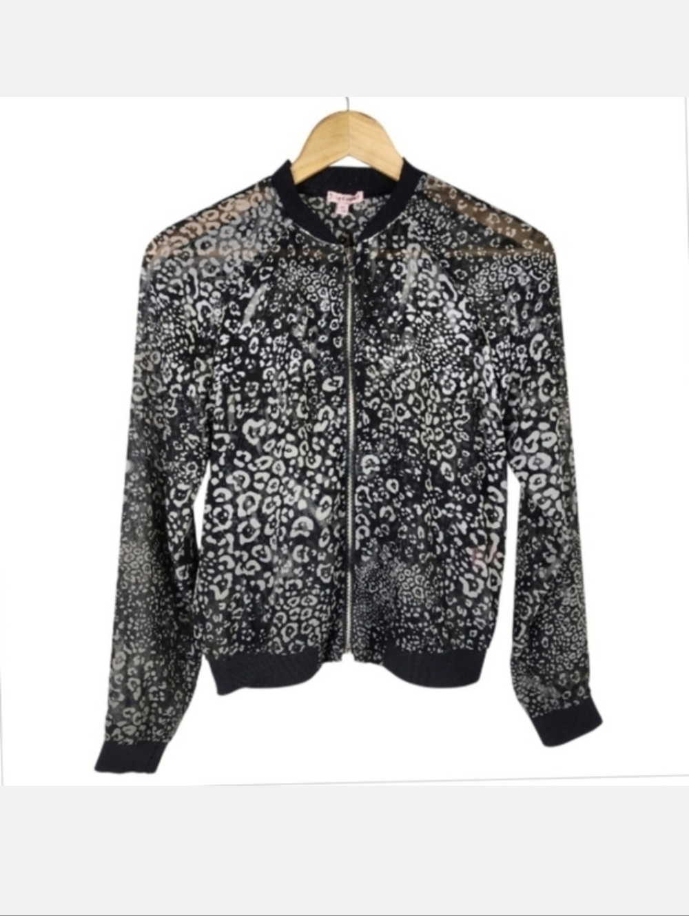 Juicy Couture Viva Luxe Zip Front Jacket Sheer Leopard Print Black Size XS
